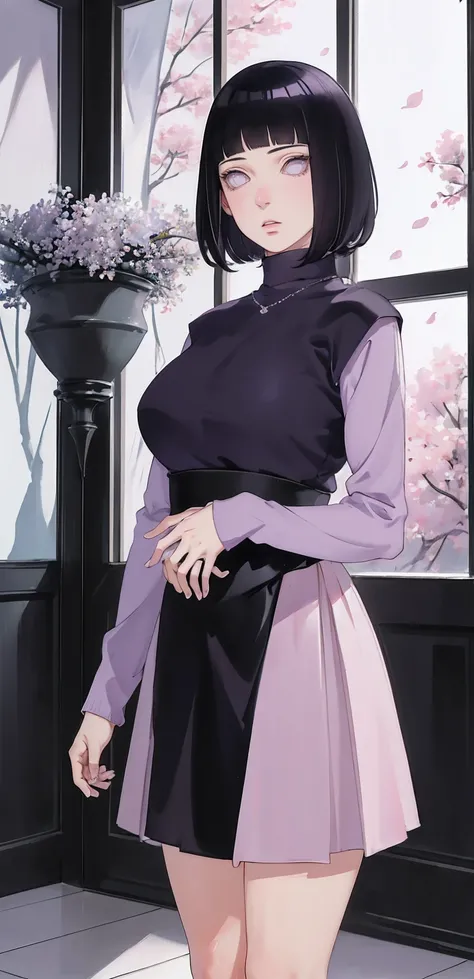 { - anatomy error} (Masterpiece - Ultra-detailed, very high resolution) (huge titusty, masterpiece, absurdres, hinata(boruto), 1girl, solo,mature female, lilac turtleneck blouse,  waist black medium skirt, looking at viewelling petals), perfect composition...