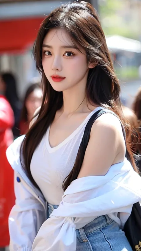 girl，single，long hair，brown hair，goggles，Snow，looking at the audience，lips，lifelike，black eyes，头上戴着goggles，Wearing clothes around waist