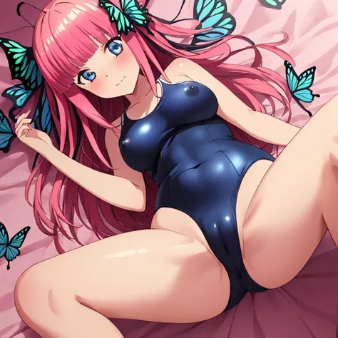 masterpiece, best quality, ultra detailed, best illustration, nsfw, 1girl, one-piece swimsuit, nakano nino, bangs, pink_hair, blunt_bangs, butterfly hair ornament, blue eyes