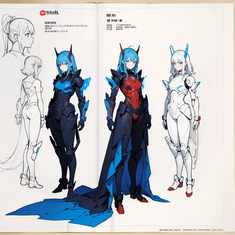 (((full body photo))), red blue and white color, femboy wearing a lightly armored jumpsuit, science fiction themes, chest armor, Gundam, best quality, official art, Sketch line diagram, blue eye, front view, view rear, and side view of the character, Long ...