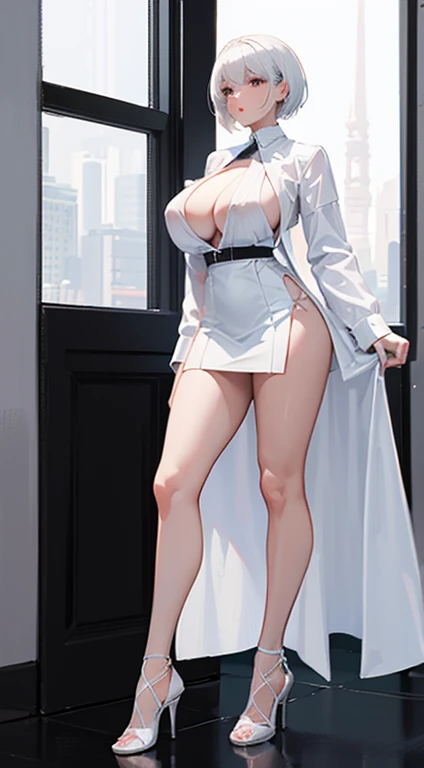 a mature big sister，Proud figure，model figure，white short hair，wearing white shirt，short skirt，thin waist，huge breasts，open shirt，wearing black，wear high heel shoes，Look ahead，White background，standing posture，full body picture