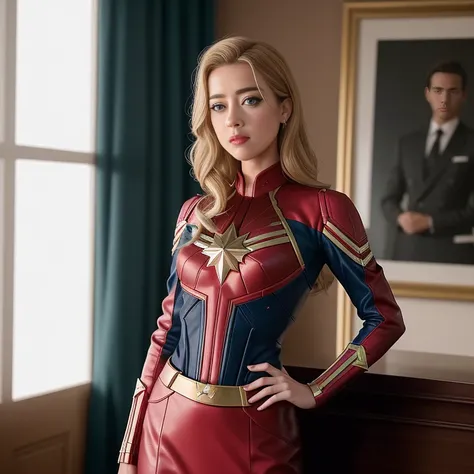 Araffe en TRAJE CAPTAIN MARVEL y tacones altos junto a un ANTRO., toma de cuerpo entero, cuerpo completo a la vista, TRAJE MARVEL fina, Conjunto de encaje intrincado y detallado., cerrar toma de cuerpo completo, clear portrait of AMBER HEARD 28 YEARS, prim...