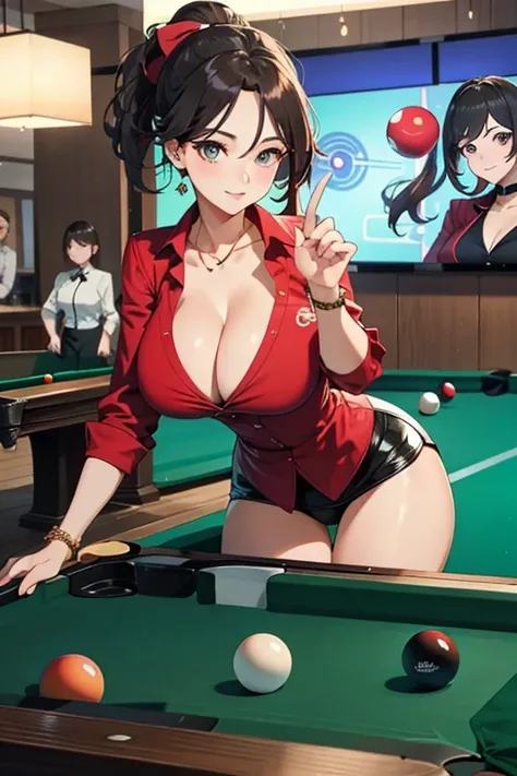 beautiful mature woman、billiards、Hit the ball、hustler、breast enhancement、Adorable features、cute、beautiful eyes、Have a queue