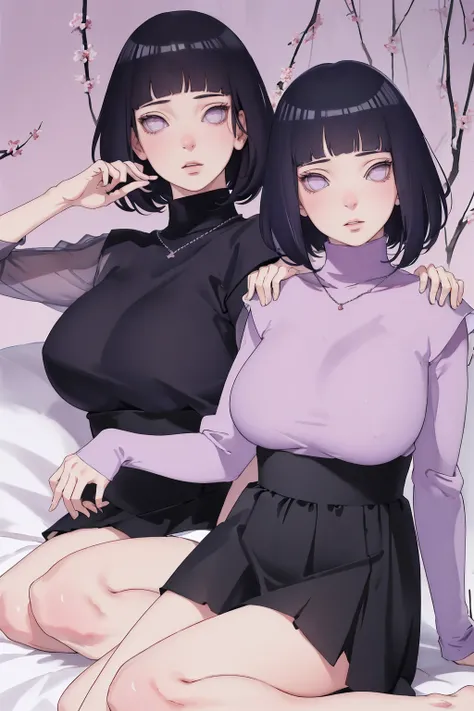 { - anatomy error} (Masterpiece - Ultra-detailed, very high resolution) (huge titusty, masterpiece, absurdres, hinata(boruto), 1girl, solo,mature female, lilac turtleneck blouse, high waist black short skirt, looking at viewelling petals), perfect composit...