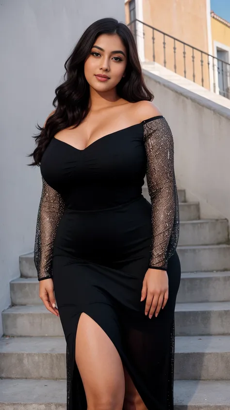 Madhubala south Indian beautiful woman sexy curvy plus size big hour glass bulky huge figure, big m-cup bulky huge breasts, beautiful Plus Contrast Sequin Mesh Overlay Butterfly Sleeve Floor Length Formal Dress, eye contact camera view, different style sta...