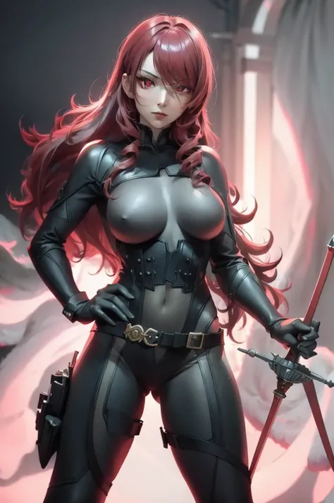 a woman with red lipstick has armor on and is holding a sword, kirijou mitsuru, 1girl, solo, hair over one eye, long hair, (((red hair))), (((red eyes))), weapon, rapier, sword, bodysuit, black bodysuit, grey bodysuit, hand on hip, (((large breasts))), sim...