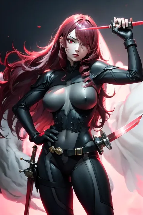 a woman with red lipstick has armor on and is holding a sword, kirijou mitsuru, 1girl, solo, hair over one eye, long hair, (((red hair))), (((red eyes))), weapon, rapier, sword, bodysuit, black bodysuit, grey bodysuit, hand on hip, (((large breasts))), sim...