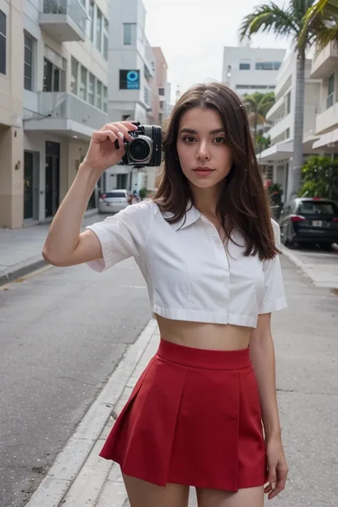 ((best quality)), ((masterpiece)), (detailed), perfect face wearing small red skirt and white shirt sefie camera outside in the streets of Miami,Florida