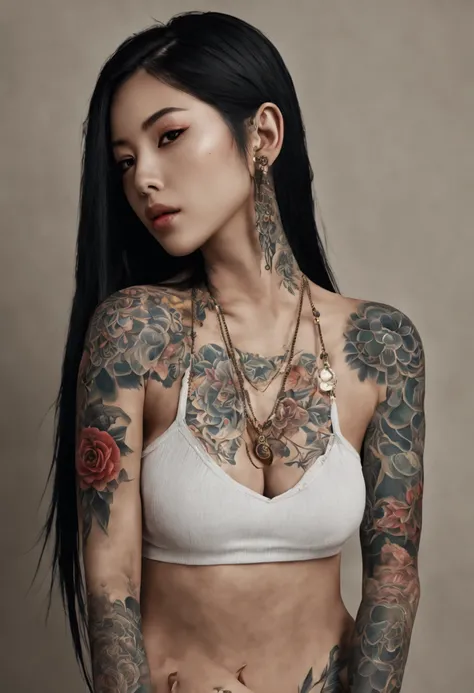 [[highly detailed face]], [[goddess face]], An Yakuza girl, showing all her tattoos, full body image, she is covered in tattoos, long black hair, high quality images, unreal engine, perfect skin texture, goddess face