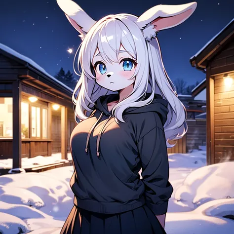 (masterpiece, highest quality), intricate details, 8K, lapin, whole body, 1 girl, blue eyes,cute, big breasts, slender body shape, night, white furry, long hair, anime, Standard height, gray hair,  snowfield, 10th generation, the wind is blowing to the rig...