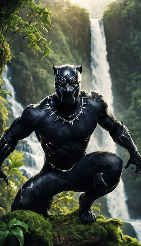 black panther from marvel universe, manly, hunk body, full detailed black panther costume, crouching on a tree branch over a led...