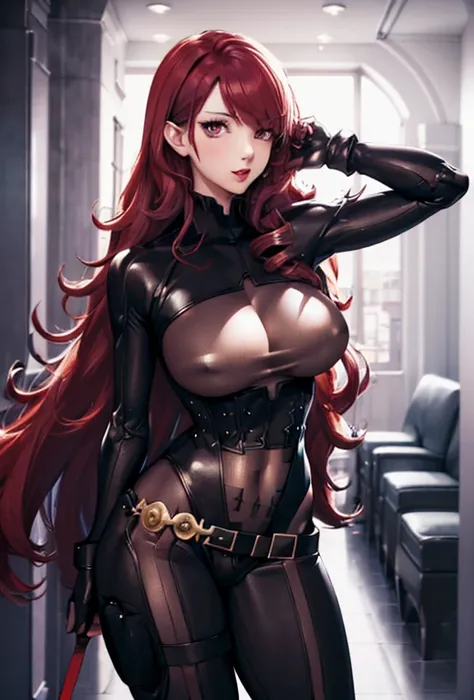 ((masterpiece))、(top-quality)、(detailed, 27 years old)、(1girl) (red haired. Provocative and revealing devil cat suit outfit, (shes standing seductively in a sexy position), large breast and buttocks. The lens is very low to the ground looking up at her. Ba...