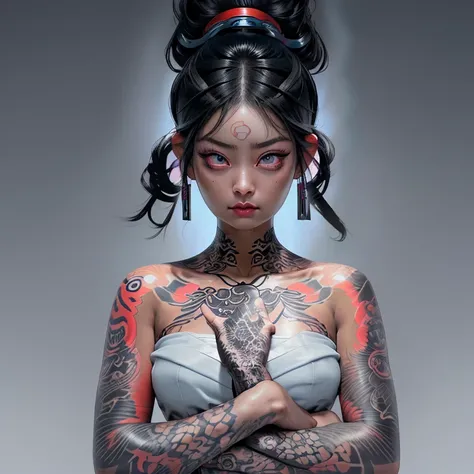 [[highly detailed face]], [[goddess face]], An Yakuza girl, showing all her tattoos, full body image, she is covered in tattoos, long black hair, high quality images, unreal engine, perfect skin texture, goddess face, big light blue eyes!!