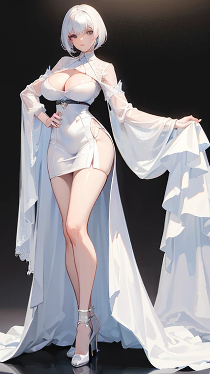 a mature woman，elder sister，Royal sister，white short hair， Opened shirt，Extra-short skirt，huge breasts，E cup，model figure，slender waist，long legs，Show the chest，High heel，stand，Look ahead，Full body image，White background



