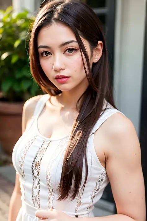 Woman with straight brown hair with very long hair down to her waist, light eyes, green eyes, around 22 years old, a mouth with thick lips painted with light pink lipstick and a small nose, asymmetrical oval face is wearing a short white lace dress