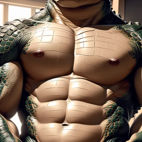 ((Alligator)), anthro, ((scaled body)), ((dominant)), ((intimidating)), dilf, Daddy, father figure, mature male, pecs, ((torso focus)), ((very detailed lighting)), ((very detailed scales texture)), ((very detailed)), very high resolution, very high quality...