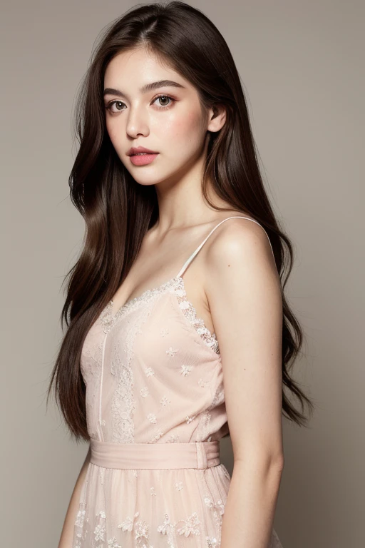 Woman with straight brown hair with very long hair down to her waist, light eyes, green eyes, around 22 years old, a mouth with thick lips painted with light pink lipstick and a small nose, asymmetrical oval face is wearing a short white lace dress