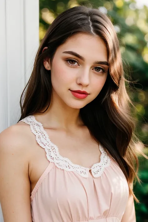 Woman with straight brown hair with very long hair down to her waist, light eyes, green eyes, around 22 years old, a mouth with thick lips painted with light pink lipstick and a small nose, asymmetrical oval face is wearing a short white lace dress