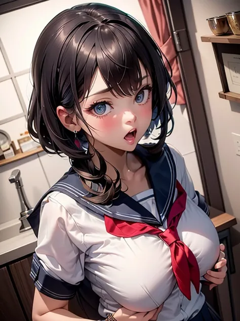 super fine illustration,masterpiece,best quality,ultra detailed,2girls,yuri,look at each other,eye contact,(sheer sailor school uniform:1.4),short sleeves,(covered nipples:0.9),breasts press against breasts,large breasts,medium hair,blush,shy,（super beatif...