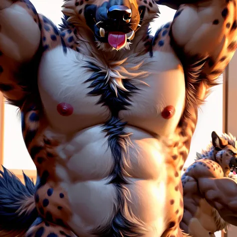 ((Hyena)), anthro, ((furred body)), ((dominant)), ((intimidating)), dilf, Daddy, father figure, mature male, pecs, ((torso focus)), ((very detailed lighting)), ((very detailed fur texture)), ((very detailed)), very high resolution, very high quality, ((clo...