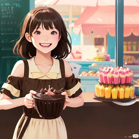 anime illustration、creation、A cheerful girl with a big smile、dark brown short hair、Making sweets