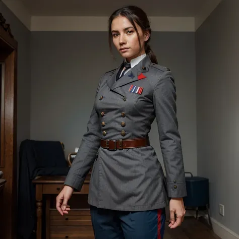 Please create an original full military uniform stylized as an 19th century uniform, in grey, blue and red