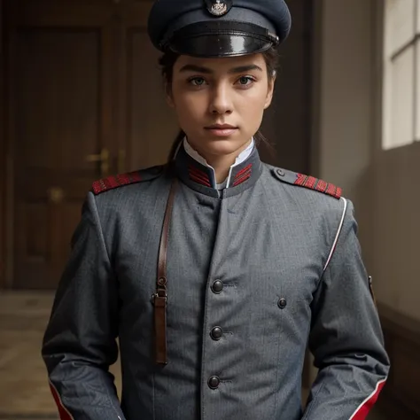 Please create an original full military uniform stylized as an 19th century uniform, in grey, blue and red