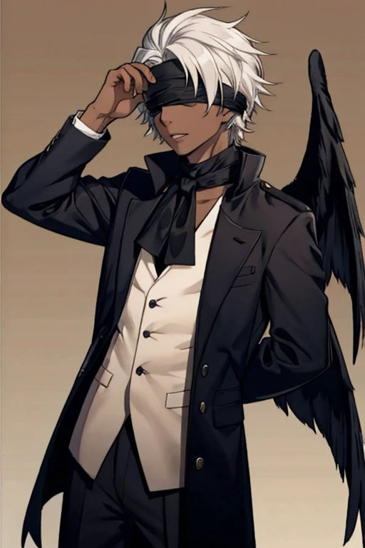 dark brown skin color, boy, feathered wings , white hair completely blindfolded eyes, dressed in dark clothing.