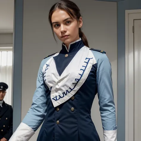 Please create an original full military navy uniform stylized as an 19th century uniform in white and light blue