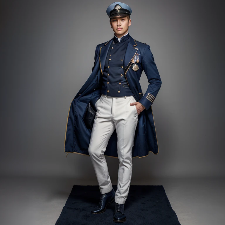 Please create an original full military navy uniform stylized as an 19th century uniform, pants are white, jacket is blue with light blue sleeves, uniform details are golden (full body), (military hat)