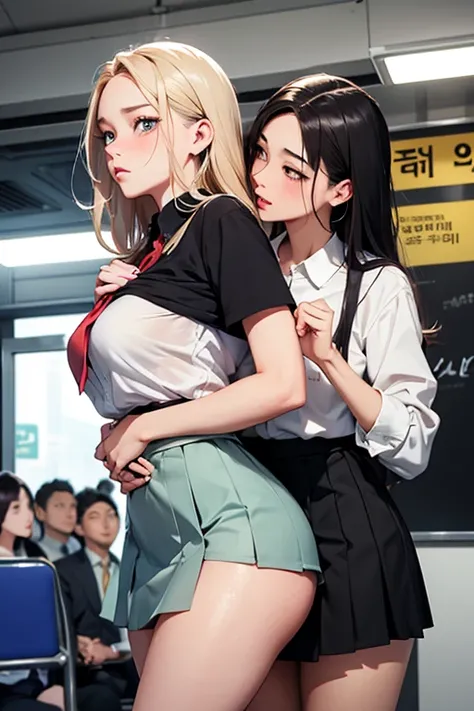 NSFW, realistic, masterpiece, 4 Korean women , Korean female only, ABSOLUTELY NO MALE, absolutely no men, VERY crowded female only subway train interior detailed scenario, VERY crowded Korean female only subway train interior detailed background, standing ...