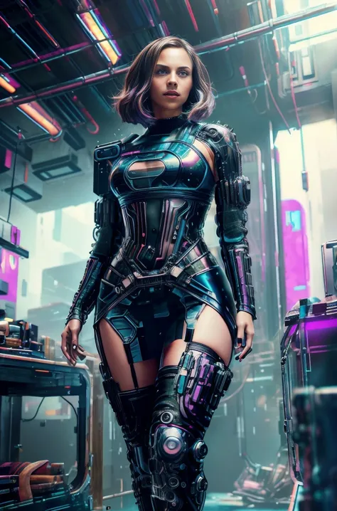 beautiful girl in cyberpunk scene with medium breasts, medium-bob hair, (see-through, lower breasts), visible from dress, full-b...