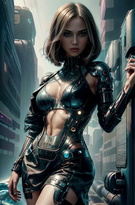 Beautiful girl in cyberpunk scene with medium breasts, medium-bob hair, (see-through, lower breasts), visible from dress, portrait, upper-body, 