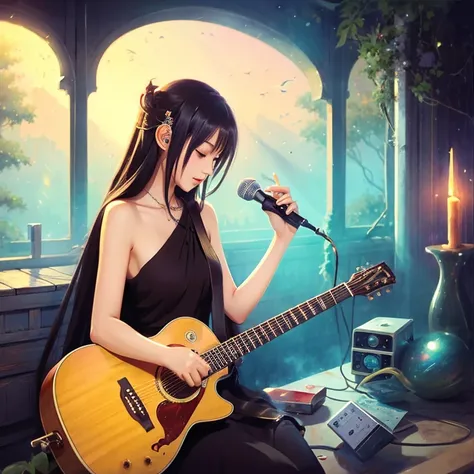 anime illustration，creation、The goddess of music is playing the acoustic guitar、strong and gentle atmosphere、Somehow sad atmosphere