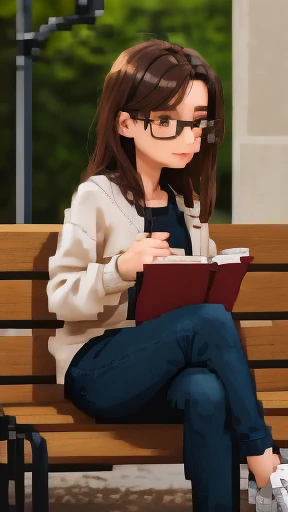 Woman, around thirty, wavy chestnut brown hair, soft complexion, thoughtful expression, glasses perched on her nose, casual outfit with a cardigan sweater and jeans, sitting on a bench, legs crossed, clutching a book, waits patiently with a faint smile, st...