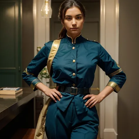 Please create an original police uniform stylized as a 19th century uniform in blue, green and gold