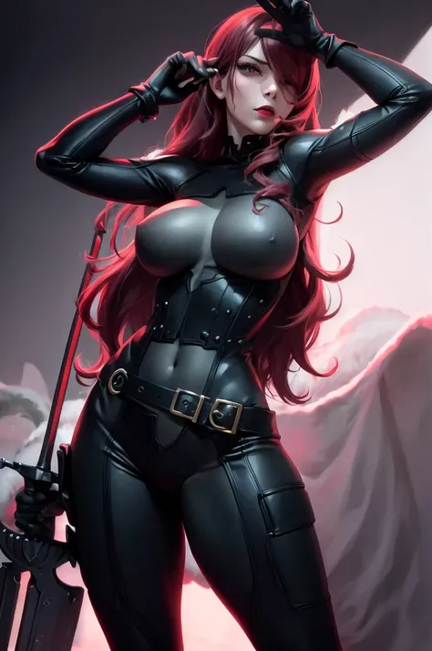 ((masterpiece)), (top-quality), (detailed, 27 years old), (1girl) (red haired. Provocative and revealing devil cat suit outfit), (shes standing seductively in a sexy position), large breast and buttocks. The lens is very low to the ground looking up at her...