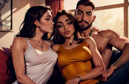 One male Handsome short-haired tall huge beefy muscular Chad wearing a wife-beater-tanktopin center-of-image, hugging three beautiful bitches on his left and right tackling him and touching his body and spooning him, dressed in off-sweaters and ripped jean...