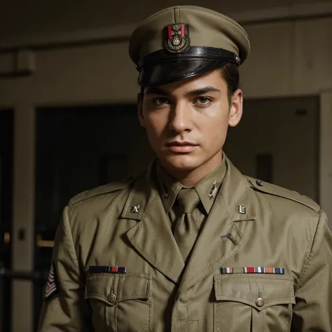 Please create an original military general army uniform stylized as an world war II uniform in beige color with detail in dark green