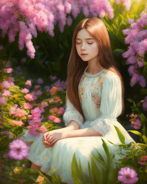 (best quality,4k,highres,masterpiece:1.2),ultra-detailed,(realistic:1.37)
A girl sitting on a wooden bench in a beautiful garden at sunset, with sunlight gently shining through the trees. She is looking into the distance with a calm and patient expression ...