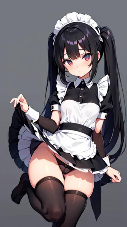 perfect anatomy, 1 beautiful girl, black hair, long hair, twintails, cute face, Drooping eyes, detailed eyes, shiny skin, cosplay, Maid outfit, miniskirt, black panties, No socks, no shoes, lift up one leg, dark natural light,