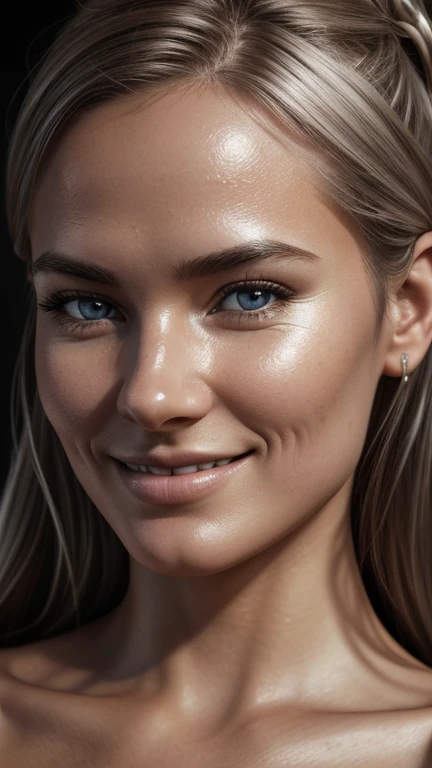 norwegian woman, smiling, skin pores, dramatic lighting, ambient occlusion, high level of detail, intricate skin details, skin imperfections, beautiful face and fascinating eyes, sharp details, hyper realistic, sharp focus, perfect detailed anatomy , full ...