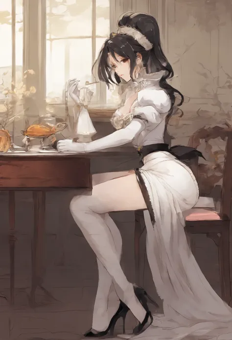 Beautiful woman dressed as a servant, ((dynamic pose))), leaning on a table, back shot, flat back, showing her ass, fallen pantyhose, long legs svelteeautiful round tail), (narrow waist). NSFW