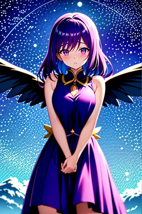 An anime-style magical girl who wants to fly away with her own wings, spreads her big wings, bends her arms upwards in front of her chest, blushes shyly, and tries hard but cannot fly away.