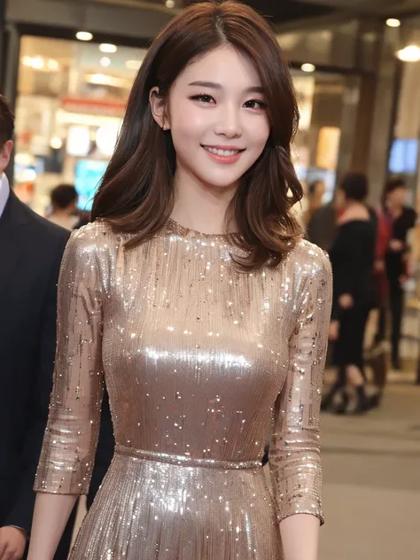 ((highest quality, 8K, masterpiece :1.3)), 1 girl, smile, whole body, slim face, Beautiful woman, (dark brown hair), full length dress :1.1, super detailed face, fine eyes, double eyelid, beautiful bust,blur background, slim face, city, outside, street,