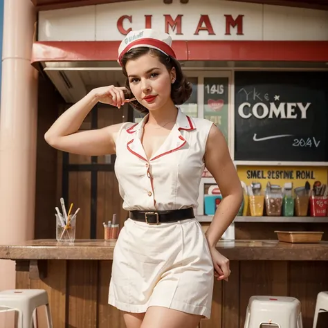 Please create an image of a woman dressing as a 1940s ice cream saleswoman, retro vibe, (1940s), pinup