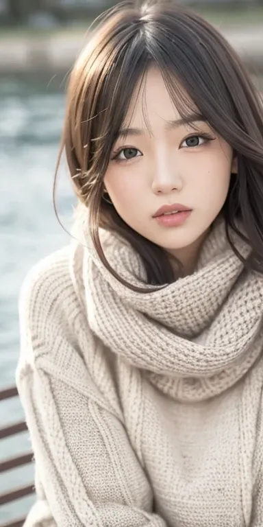 One girl walking on the river, mix 4, sweater, pillow, lips, Open_mouth, realistic, photograph_(Moderate), alone, Packed_animal, Packed_toy, teddy_bear,(masterpiece),(photographrealistic:1.3), super detailed, (high definition skin:1.2),(highest quality:1.0...