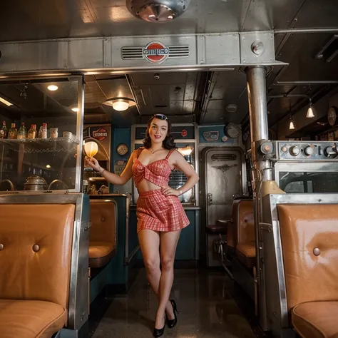 Please create an image of 1940s diner-in restaurant, space rocket themed, retro vibe, (1940s), pinup