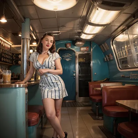 Please create an image of 1940s diner-in restaurant, space rocket themed, retro vibe, (1940s), pinup