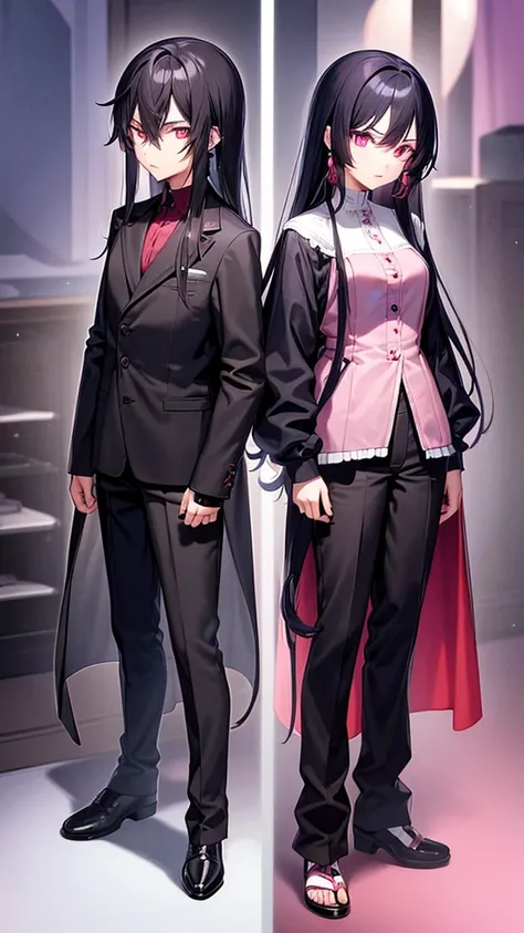 1male, 1female, fraternal twins, anime character, pink eyes, black hair, long blue hourglass tip earrings, blue, red and black tone clothes, multiple people, extremely detailed, best quality, beautiful face, very sharp, good hands, long hair